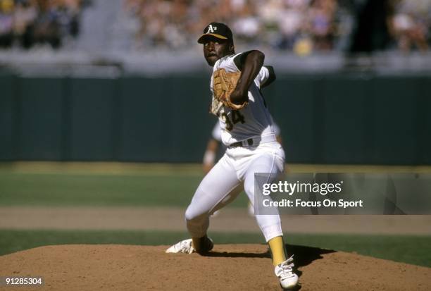 S: Pitcher Dave Stewart of the Oakland Athletics pitches during circa late 1980's Major League Baseball game at the Oakland, Coliseum in Oakland,...