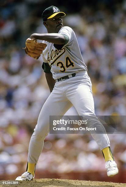 Pitcher Dave Stewart of the Oakland Athletics pitches during circa late 1980's Major League Baseball game. Stewart played for the Athletics from...