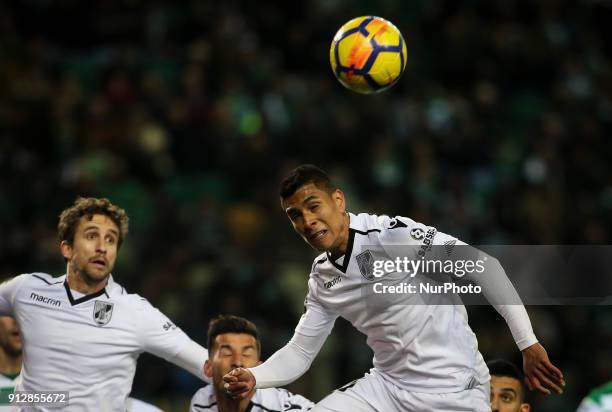 Guimaraes's forward Paolo Hurtado heads the ball during the Portuguese League football match between Sporting CP and Vitoria SC at Jose Alvalade...