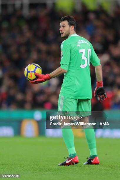 Orestis Karnezis of Watford during the Premier League match between Stoke City and Watford at Bet365 Stadium on January 31, 2018 in Stoke on Trent,...