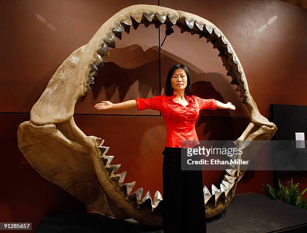 Enya Kim from the Natural History department at auctioneers Bonhams & Butterfields stands in front of one of the world's largest set of shark jaws...