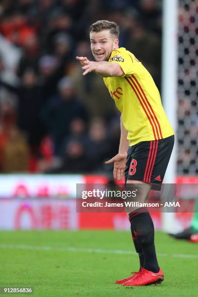 Tom Cleverley of Watford during the Premier League match between Stoke City and Watford at Bet365 Stadium on January 31, 2018 in Stoke on Trent,...