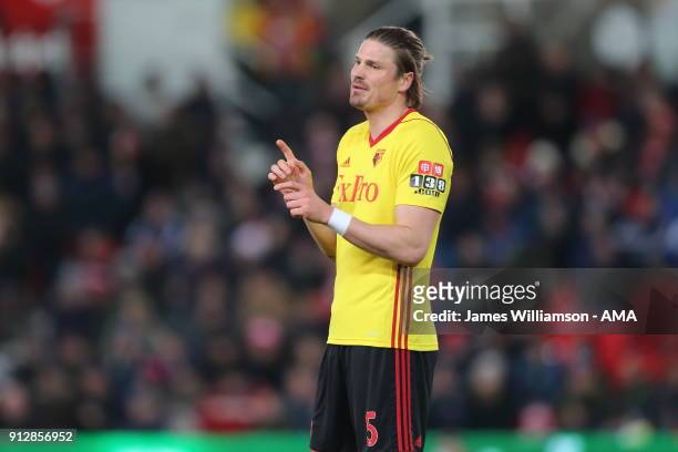 Sebastian Prodl of Watford during the Premier League match between Stoke City and Watford at Bet365 Stadium on January 31, 2018 in Stoke on Trent,...