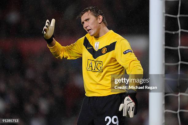 Tomasz Kuszczak of Manchester United gestures during the UEFA Champions League Group B match between Manchester United and VfL Wolfsburg at Old...