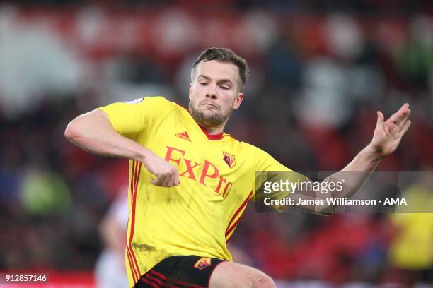 Tom Cleverley of Watford during the Premier League match between Stoke City and Watford at Bet365 Stadium on January 31, 2018 in Stoke on Trent,...