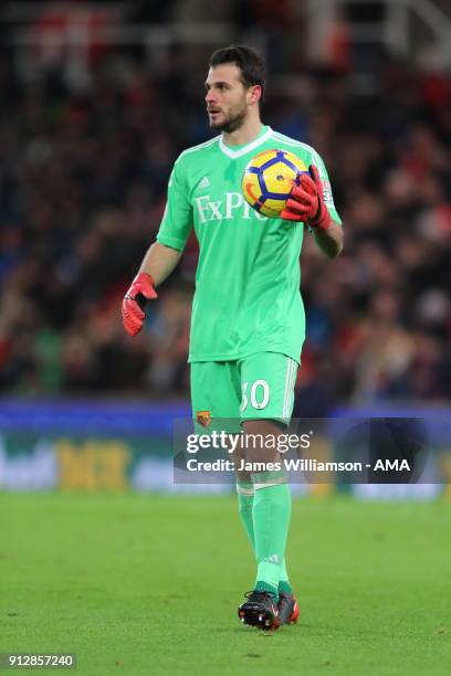 Orestis Karnezis of Watford during the Premier League match between Stoke City and Watford at Bet365 Stadium on January 31, 2018 in Stoke on Trent,...