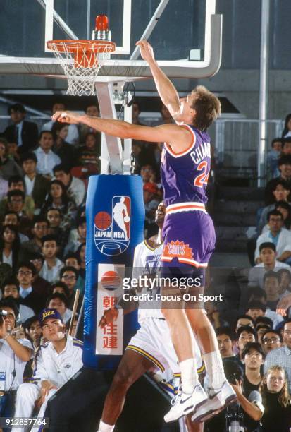 Tom Chambers of the Phoenix Suns in action against the Utah Jazz during an NBA basketball game circa 1990 at the Salt Palace in Salt Lake City, Utah....