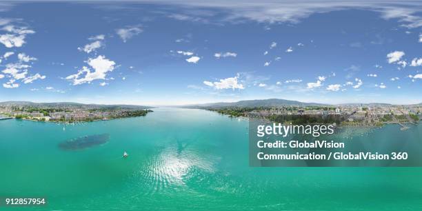 a panoramic sky view of lake zurich in summer - lake zurich stock pictures, royalty-free photos & images