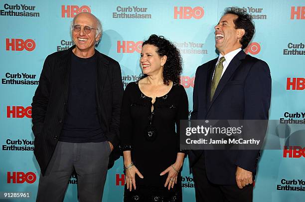 Actors Larry David, Susie Essman and Jerry Seinfeld attend the "Curb Your Enthusiasm" Season 7 New York screening at the Time Warner Screening Room...