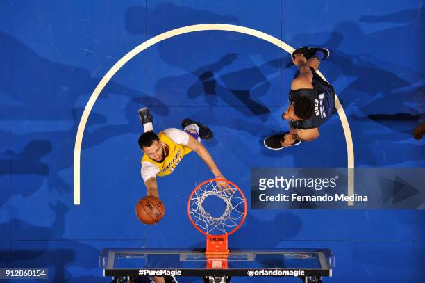 Tyler Ennis of the Los Angeles Lakers shoots the ball against the Orlando Magic on January 31, 2018 at Amway Center in Orlando, Florida. NOTE TO...