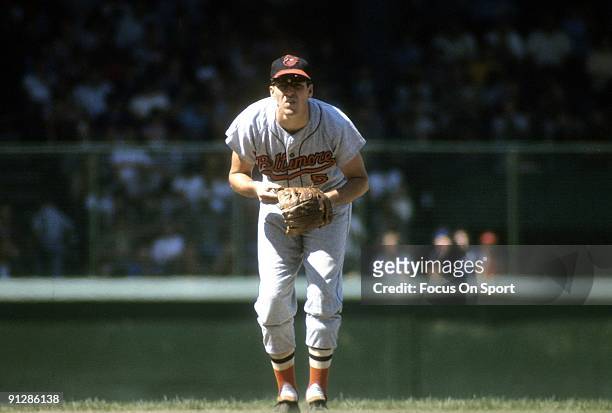 Infielder Brooks Robinson of the Baltimore Orioles is ready for action at third base during a Major League Baseball game circa late 1960's. Robinson...