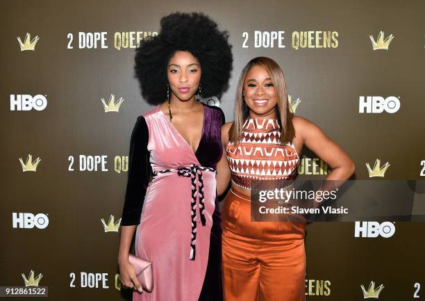 Actors Jessica Williams and Phoebe Robinson attend HBO's "2 Dope Queens" NYC slumber party premiere at Public Arts on January 31, 2018 in New York...