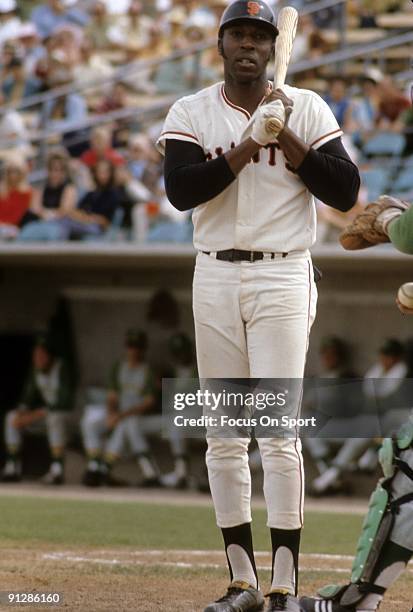 S: First baseman Willie McCovey of the San Francisco Giants standing at the plate preparing to hit against the Oakland Athletics circa late 1960's...