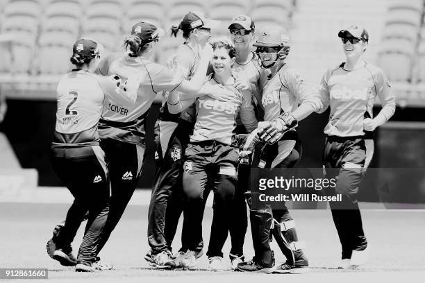 Nicole Bolton of the Scorchers celebrates the wicket of Rachael Haynes of the Thunder during the Women's Big Bash League match between the Sydney...
