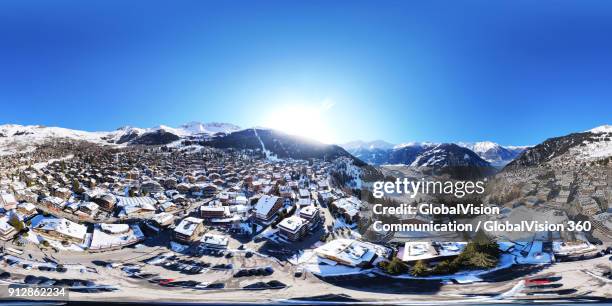 360° equirectangular photo of swiss alps in verbier, switzerland - verbier fotografías e imágenes de stock