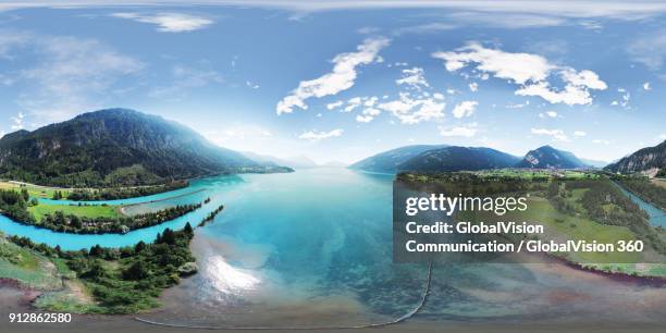 wonderful 360° aerial view of lake thun in interlaken, switzerland - 360 vr stock-fotos und bilder