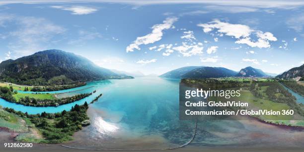wonderful 360° aerial view of lake thun in interlaken, switzerland - vr 360 stock pictures, royalty-free photos & images