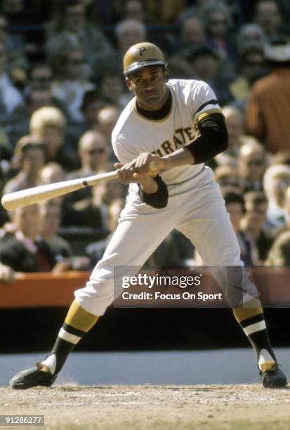 Outfielder Roberto Clemente of the Pittsburgh Pirtates checks his swing against the Baltimore Orioles during the World Series October 1971 at...