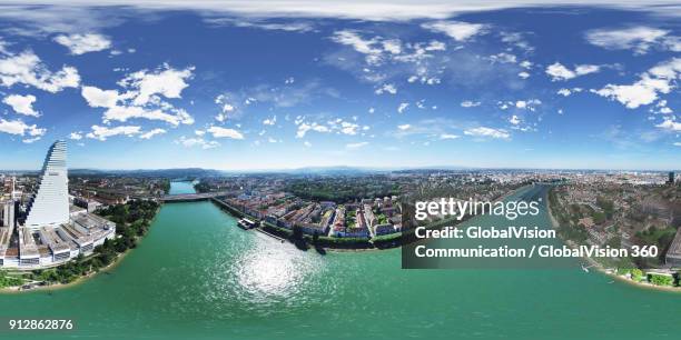 360° bird's-eye view of roche tower and rhine river - skyline basel stockfoto's en -beelden
