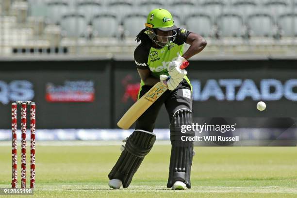 Stafanie Taylor of the Thunder bats during the Women's Big Bash League match between the Sydney Thunder and the Perth Scorchers at Optus Stadium on...