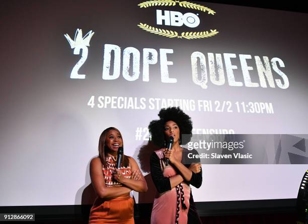 Actors Phoebe Robinson and Jessica Williams attend HBO's "2 Dope Queens" NYC slumber party premiere at Public Arts on January 31, 2018 in New York...