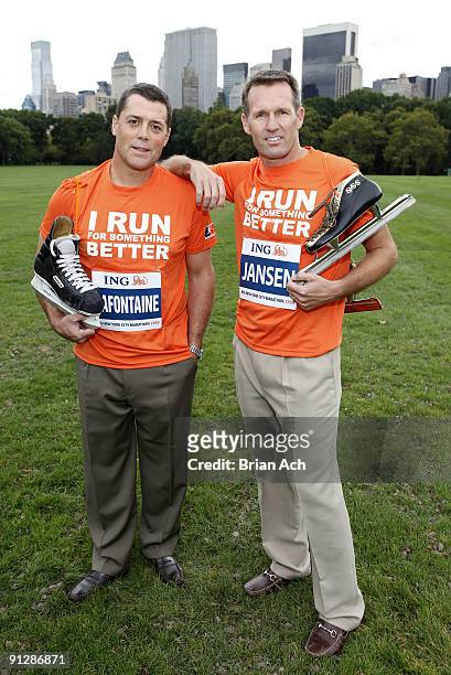 Former NHL great Pat LaFontaine and olympic speedskating gold medalist Dan Jansen attend a portrait session in Central Park for ING's Run For...