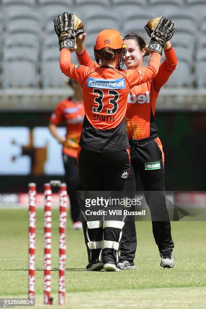 Emma King of the Scorchers celebrates the wicket of Nicola Carey of the Thunder during the Women's Big Bash League match between the Sydney Thunder...