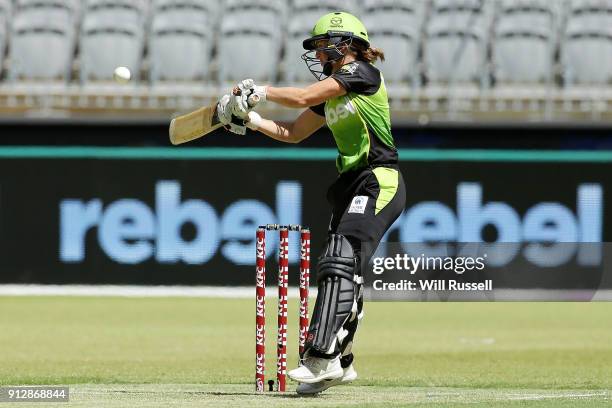 Fran Wilson of the Thunder bats during the Women's Big Bash League match between the Sydney Thunder and the Perth Scorchers at Optus Stadium on...