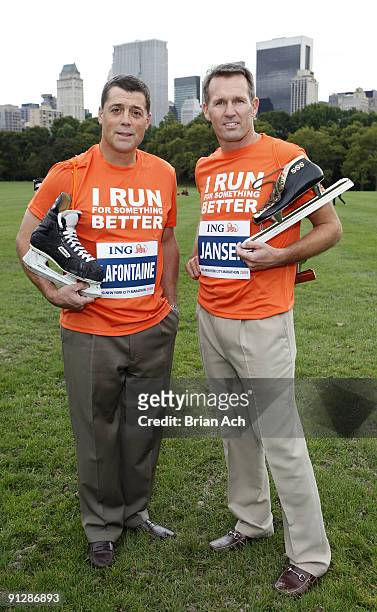 Former NHL great Pat LaFontaine and Olympic speedskating gold medalist Dan Jansen attend a portrait session in Central Park for ING's Run For...