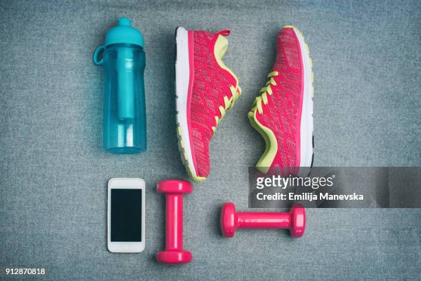 high angle view of fitness equipment - pair stock photos et images de collection