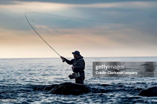 porträt der fliegenfischer auf der suche nach meerforelle - fly fishing stock-fotos und bilder