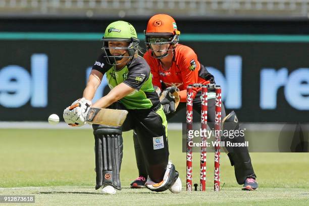 Fran Wilson of the Thunder nplays a reverse swing shot during the Women's Big Bash League match between the Sydney Thunder and the Perth Scorchers at...