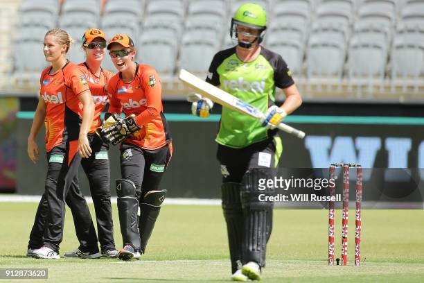 Katherine Brunt of the Scorchers celebrates the wicket of Rene Farrell of the Thunder during the Women's Big Bash League match between the Sydney...