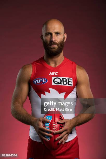 Jarrad McVeigh poses during a Sydney Swans AFL portrait session on February 1, 2018 in Sydney, Australia.