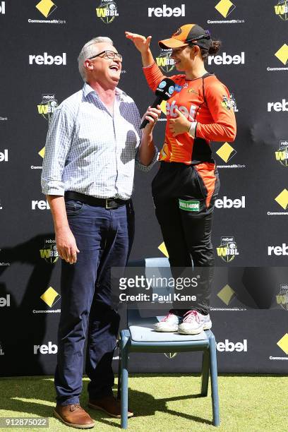 Tim Gossage interviews Nicole Bolton of the Scorchers after winning the Women's Big Bash League semi final match between the Sydney Thunder and the...