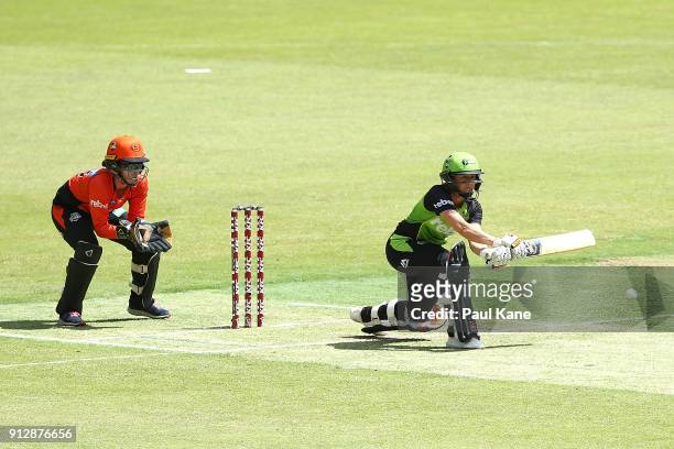 Fran Wilson of the Thunder bats during the Women's Big Bash League match between the Sydney Thunder and the Perth Scorchers at Optus Stadium on...