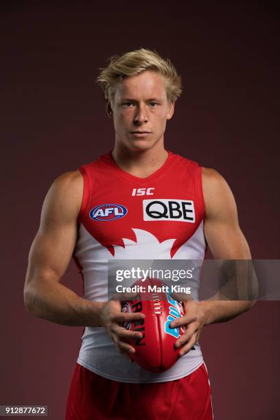 Isaac Heeney poses during a Sydney Swans AFL portrait session on February 1, 2018 in Sydney, Australia.