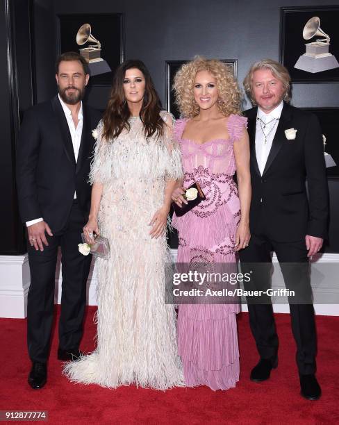 Recording artists Jimi Westbrook, Karen Fairchild, Kimberly Schlapman and Phillip Sweet of music group Little Big Town attend the 60th Annual GRAMMY...