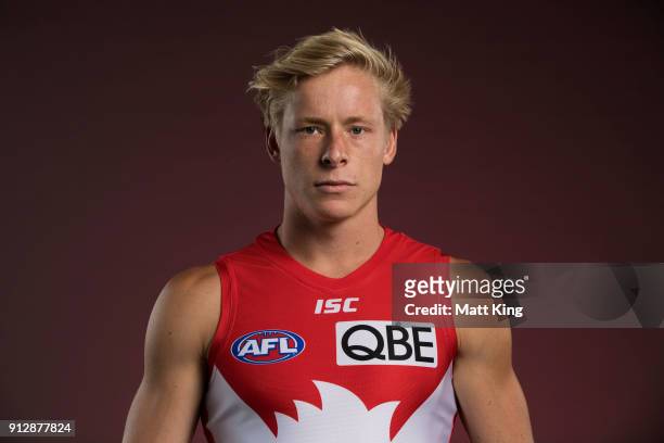Isaac Heeney poses during a Sydney Swans AFL portrait session on February 1, 2018 in Sydney, Australia.