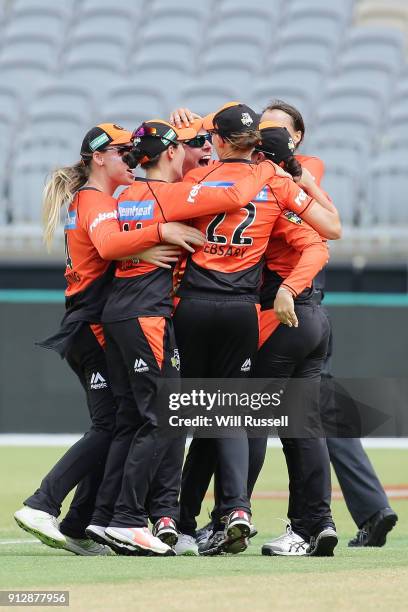 The Scorchers celebrate after defeating the Thunder during the Women's Big Bash League match between the Sydney Thunder and the Perth Scorchers at...