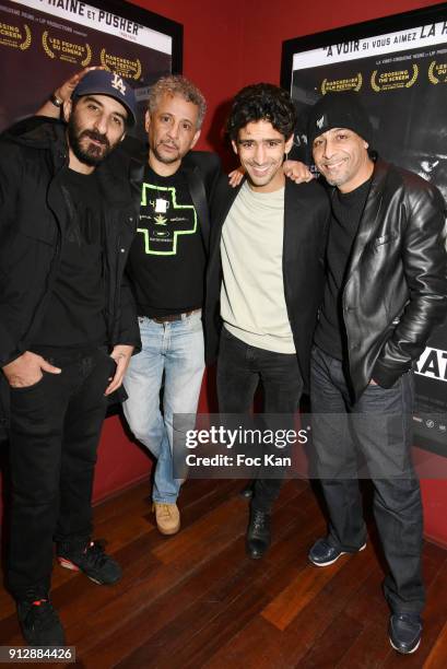 Actors Hedi Bouchenafa, Abel Jafri, Salim Kechiouche and Hichem Yacoubi attend "Voyoucratie" premiere at Publicis Champs Elysees on January 31, 2018...