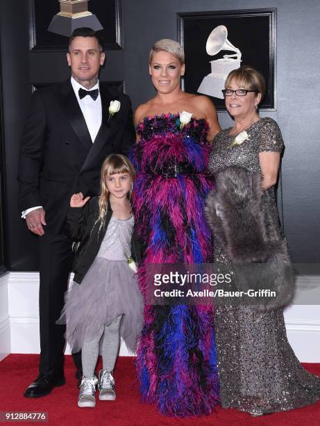 Carey Hart, recording artist Pink, Willow Sage Hart and Judith Moore attend the 60th Annual GRAMMY Awards at Madison Square Garden on January 28,...