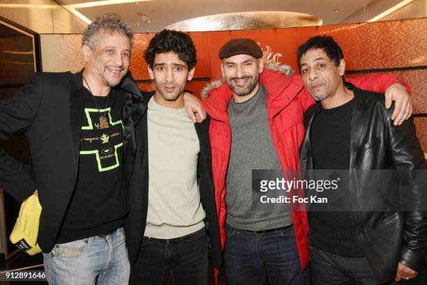 Actors Abel Jafri, Salim Kechiouche, Farid Larbi and Hichem Yacoubi attend "Voyoucratie" premiere at Publicis Champs Elysees on January 31, 2018 in...