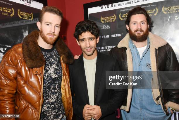 Directors Fabrice FGKO, Salim Kechiouche and Kevin FGKO attend "Voyoucratie" premiere at Publicis Champs Elysees on January 31, 2018 in Paris, France.