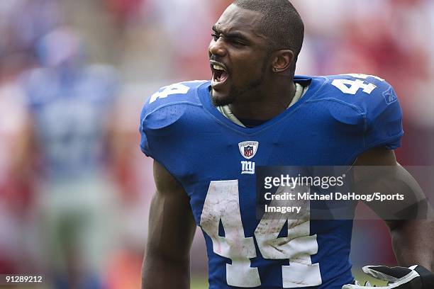 Ahmad Bradshaw of the New York Giants reacts during a NFL game against the Tampa Bay Buccaneers at Raymond James Stadium on September 27, 2009 in...