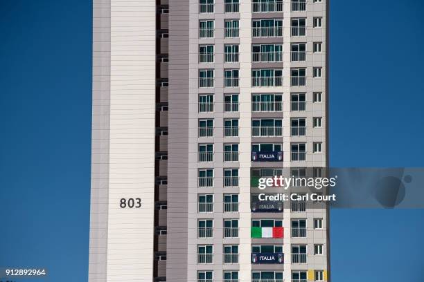 Italian flags hang from the teams apartments in the athletes accommodation at the Gangneung Coastal Cluster, one of the venues for the Pyeongchang...