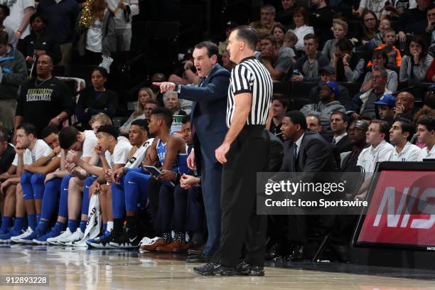 Duke head coach Mike Krzyzewski argues with referee Roger Ayers. The Wake Forest University Demon Deacons hosted the Duke University Blue Devils on...