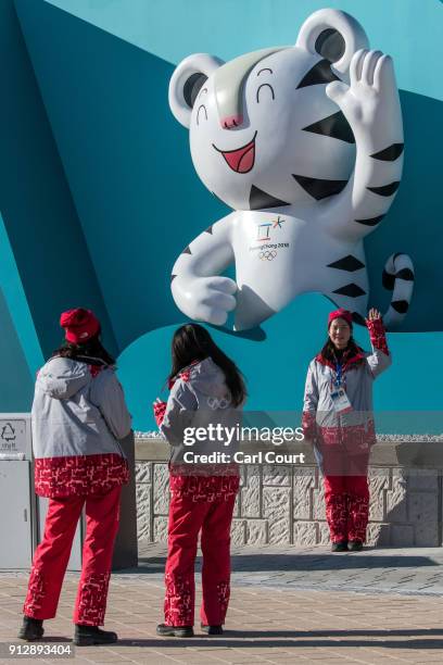 Volunteer poses for a photograph next to a games mascot at the Gangneung Coastal Cluster, one of the venues for the Pyeongchang 2018 Winter Olympic...