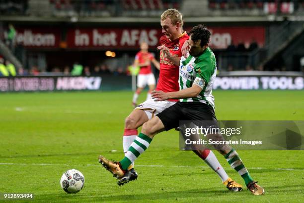 Ondrej Mihalik of AZ Alkmaar, Dirk Marcellis of PEC Zwolle, during the Dutch KNVB Beker match between AZ Alkmaar v PEC Zwolle at the AFAS Stadium on...