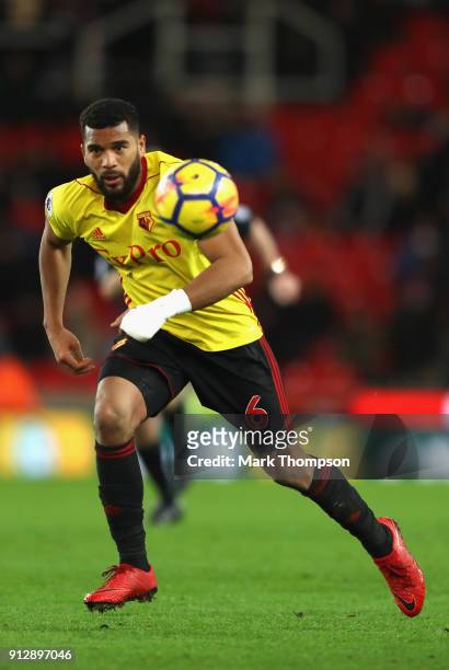 Adrian Mariappa of Watford in action during the Premier League match between Stoke City and Watford at Bet365 Stadium on January 31, 2018 in Stoke on...